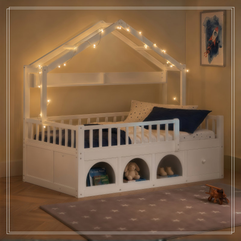 Cadre simple Giunta avec toit, lumière DEL, barrières de sécurité, tiroirs de rangement et casier, White