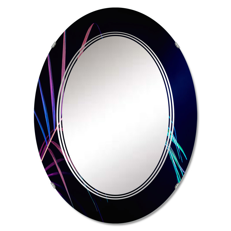 Abstrait feuille tropicale en rose et bleu sur fond noir - miroir mural tropical, 30 po x 20 po