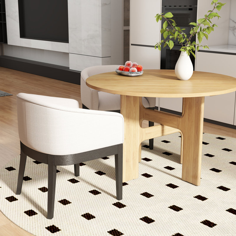Modern Farmhouse 5-Piece Round Dining Set - Solid Wood Table With X-Base & Upholstered Bucket Chairs, Beige/Black, Natural