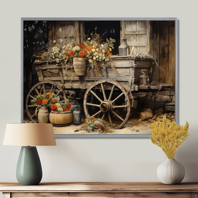 «Grey Old Cart Of Flowers I» - impressions sur toile de vieux chariot américain, Toile tendue, H 30 po x l 40 po x P 1,5 po