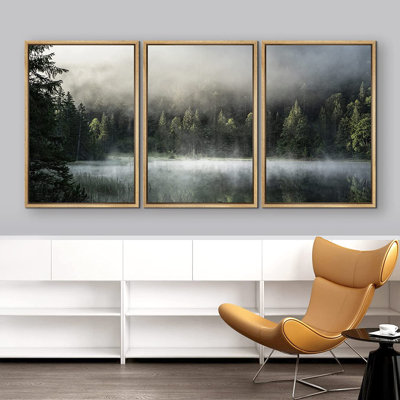 «Nature Landscape Forest Lake Covered in Fog Natural Landscape», reproduction de photo sur toile flottante 3 pièces