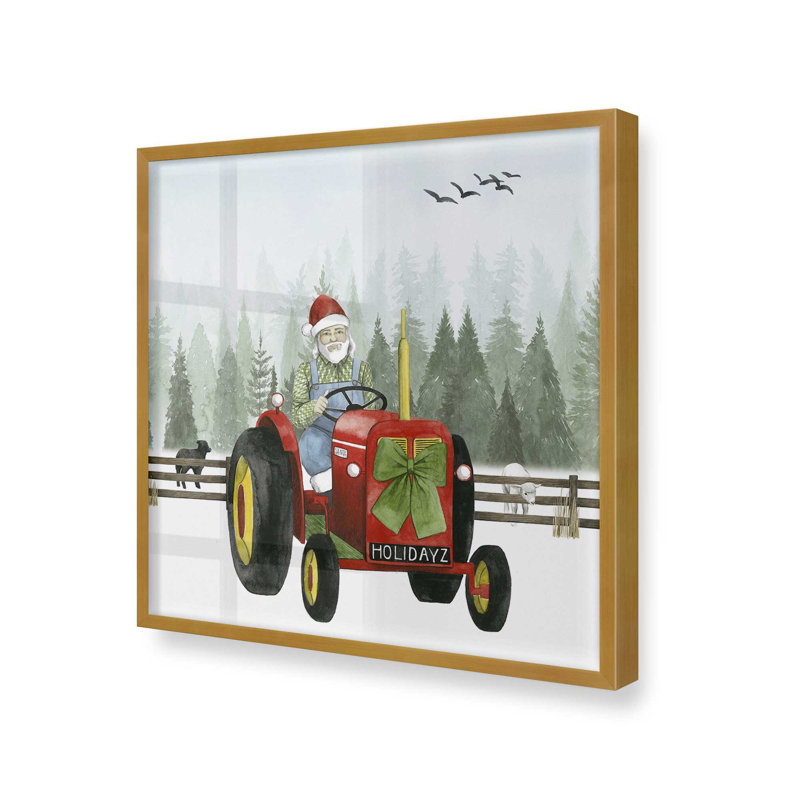 «Santa's Christmas Tractor Ride I Print», H 17,75 po x l 17,75 po, Cadre simple en or poli, bois massif