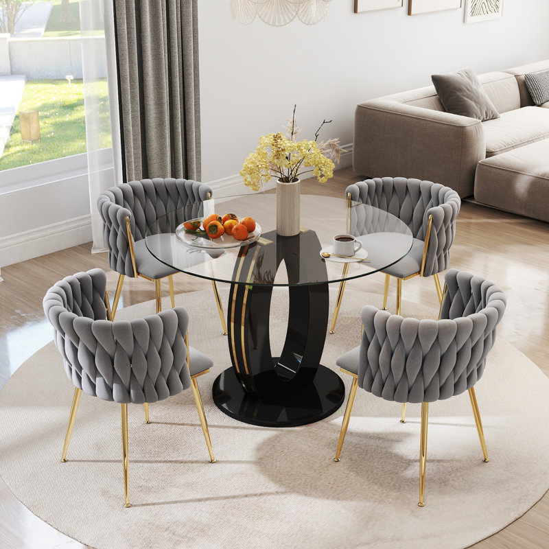 Modern Round Tempered Glass Pedestal Dining Set with Velvet Woven Dininig Chair, White/Gold, Beige