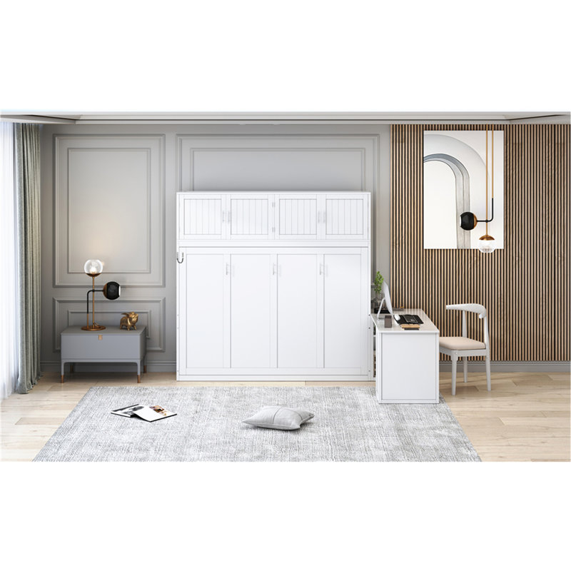 Grand lit escamotable mural avec bureau, tablettes de rangement et grands armoires, Blanc