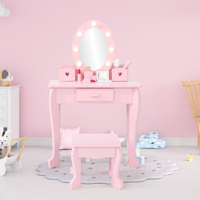 Meuble-lavabo pour enfants avec miroir et tabouret - Meuble-lavabo pour filles avec lumière et maquillage