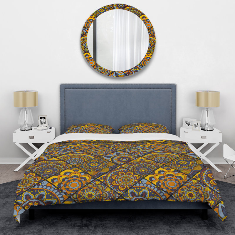 Ensemble de housse de couette à motif patchwork jaune rétro, Housse de couette simple + 1 taie décorative stan
