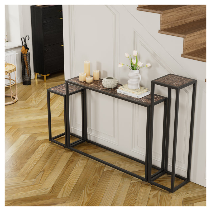3-Piece Narrow Console Table Set, High-End Edge Wrapped Industrial Entryway Table for Hallway Living Room, Rural Brown Black