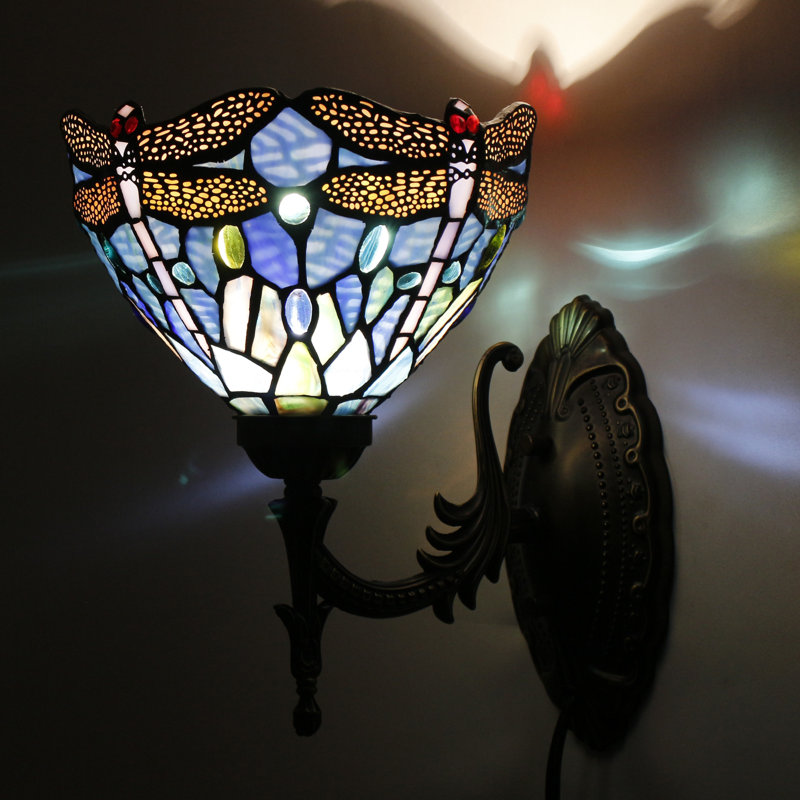 Tiffany Wall Sconce Lamp Stained Glass 8X10.5X11 Inch Plug in Wall Bedside Light for Hallway Bedroom (Blue Cloudy Dragonfly Style)