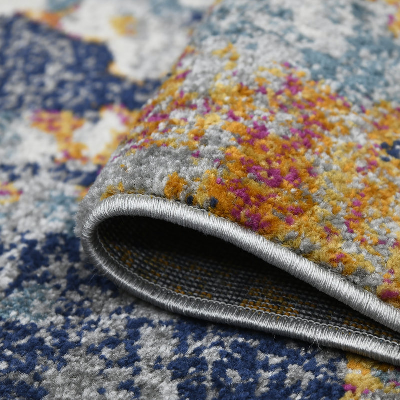 Blue and Orange Rectangular Stain-Resistant Synthetic Area Rug