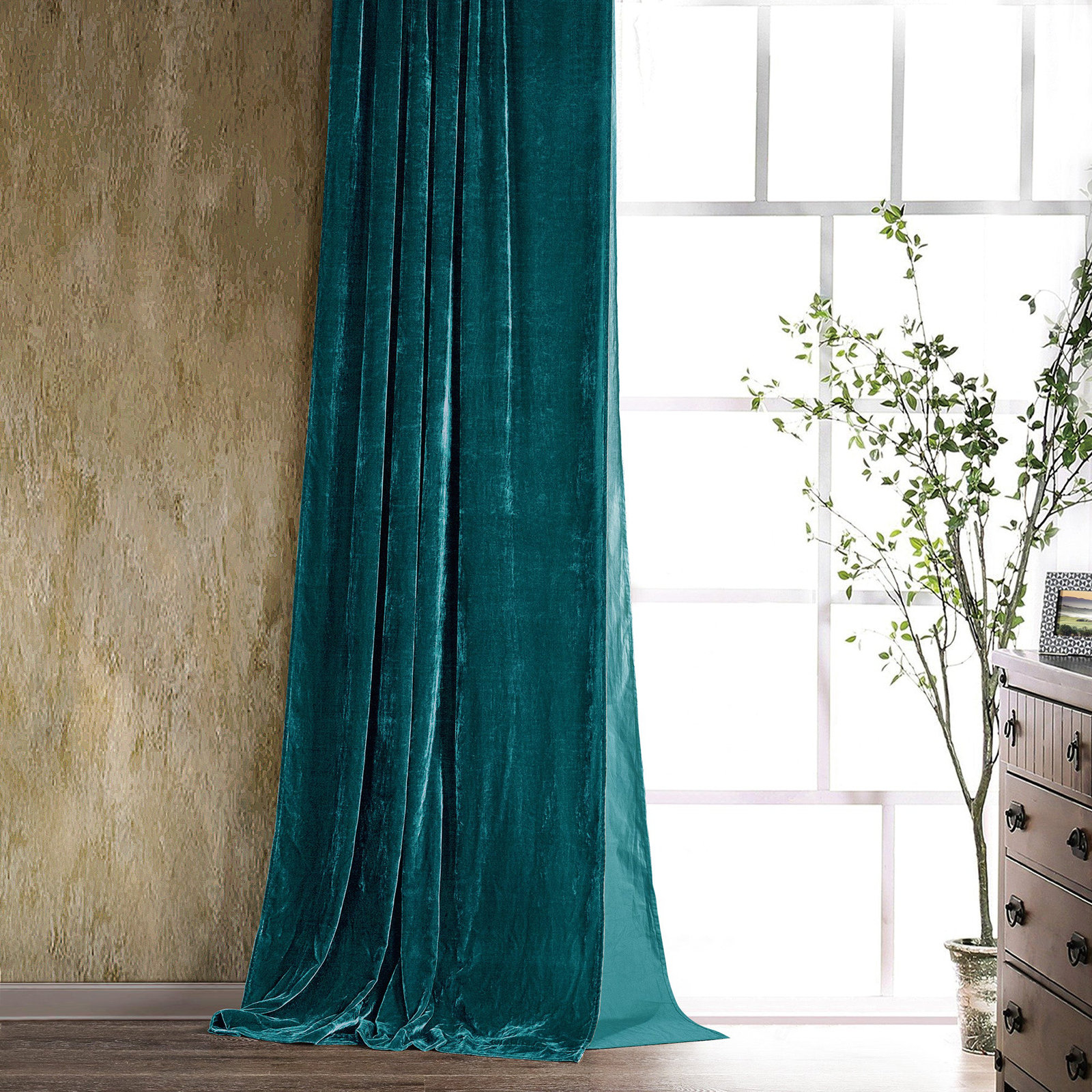 Stella Solid Color Faux Silk Velvet Romantic Western 48x108 inch Single Curtain Panel, Teal