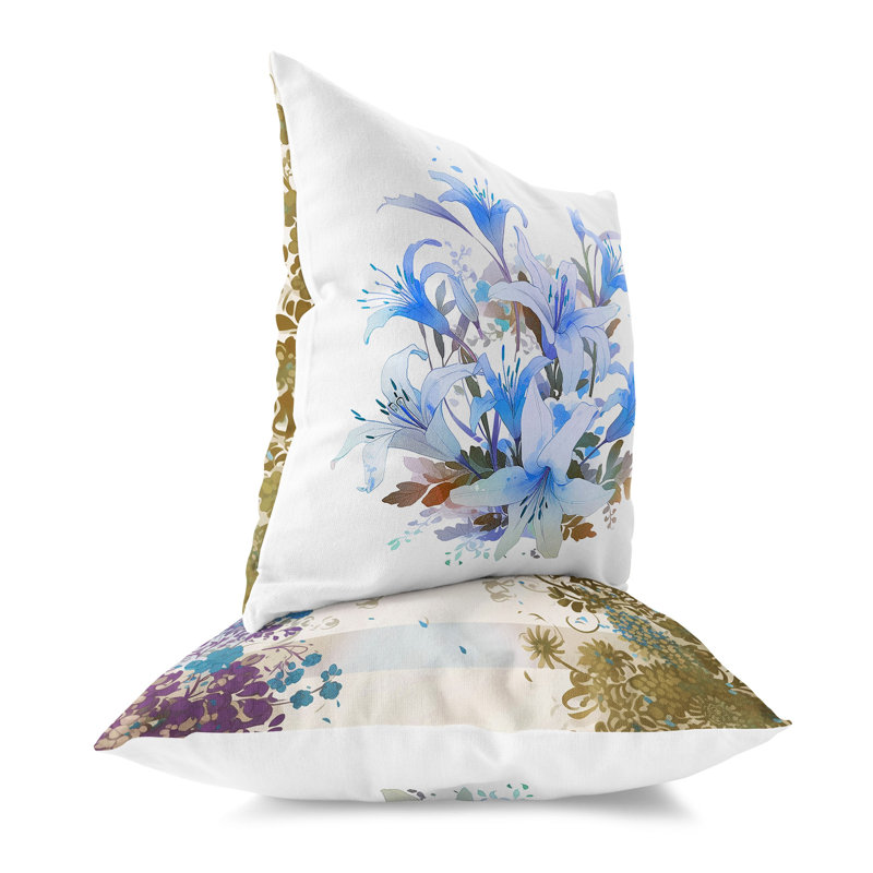 Oreiller réversible intérieur / extérieur Lily Mist Serenity, H 16 po x l 16 po, Bleu / mauve / olive floral