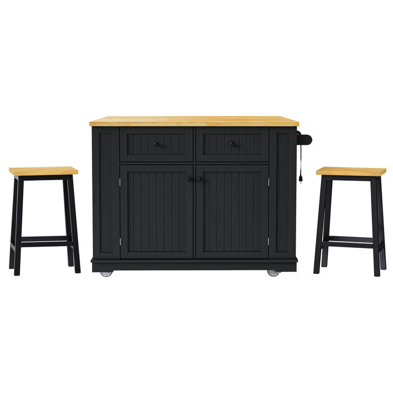 48Inch Large Kitchen Island With 2 Bar Stools, Power Outlet, Door Internal Storage Rack, Kitchen Storage Cart On 5 Wheels With Drop Leaf, 5 Open Side Racks, 2 Drawers