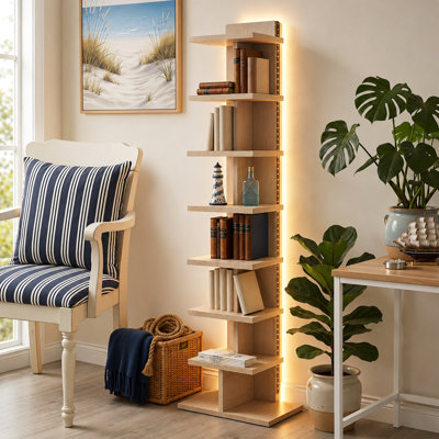 Bibliothèque étroite à 8 niveaux avec lumières DEL, bibliothèque à colonne vertébrale en bois naturel avec télécommande, grande tour de lecture ouverte et étagère de présentation, bibliothèque verticale peu encombrante pour le salon, la chambre à coucher et le bureau personnel