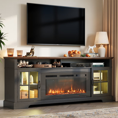 Meuble télé avec foyer Farmhouse, console multimédia avec armoires en verre, tablettes réglables et trous de câbles intégrés