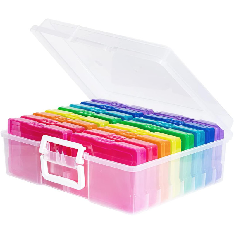  Transparent 4" x 6" Photo Cases and Clear Craft Keeper with Handle - 16 Inner Cases Plastic Storage Container Box (Multi-coloured)