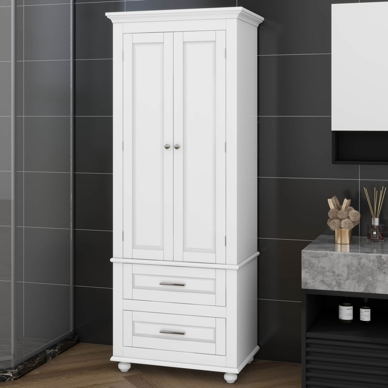 Armoire de rangement haute avec portes et tiroirs, armoire de rangement pour salle de bain avec tablettes réglables, rangement autoportant