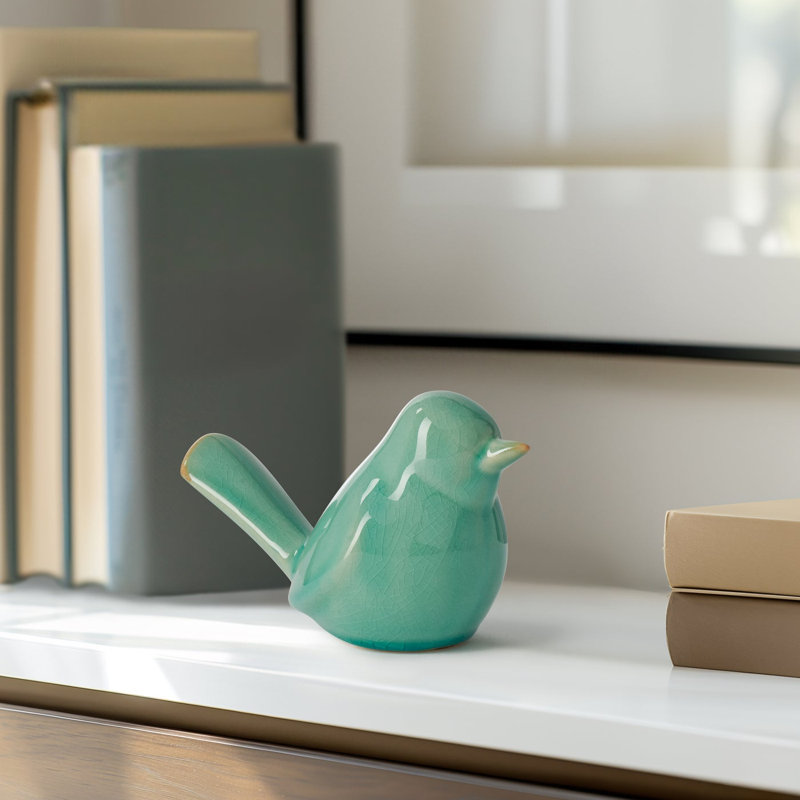 Celadon Perch 6" Green Crackled Reactive Glaze Ceramic Bird Sculpture, Green Crackle