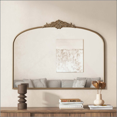Mirror:Arched Antique Brass Mirror With Full Metal Frame Baroque Traditional Ornate For Entryway,Fireplace, Living Room, Hallway