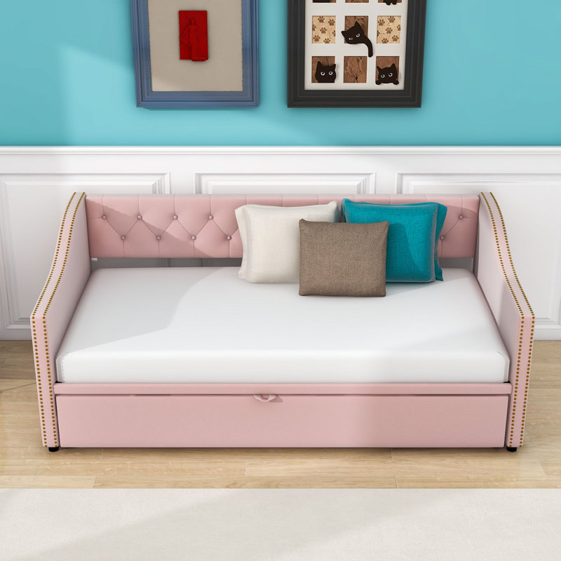Twin Upholstered Daybed with Trundle, Pink