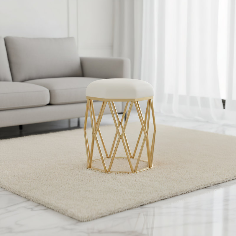 Tabouret de coiffeuse rond, avec siège rembourré en velours Teddy et structure géométrique en métal doré, robuste et polyvalent, style luxueux moderne