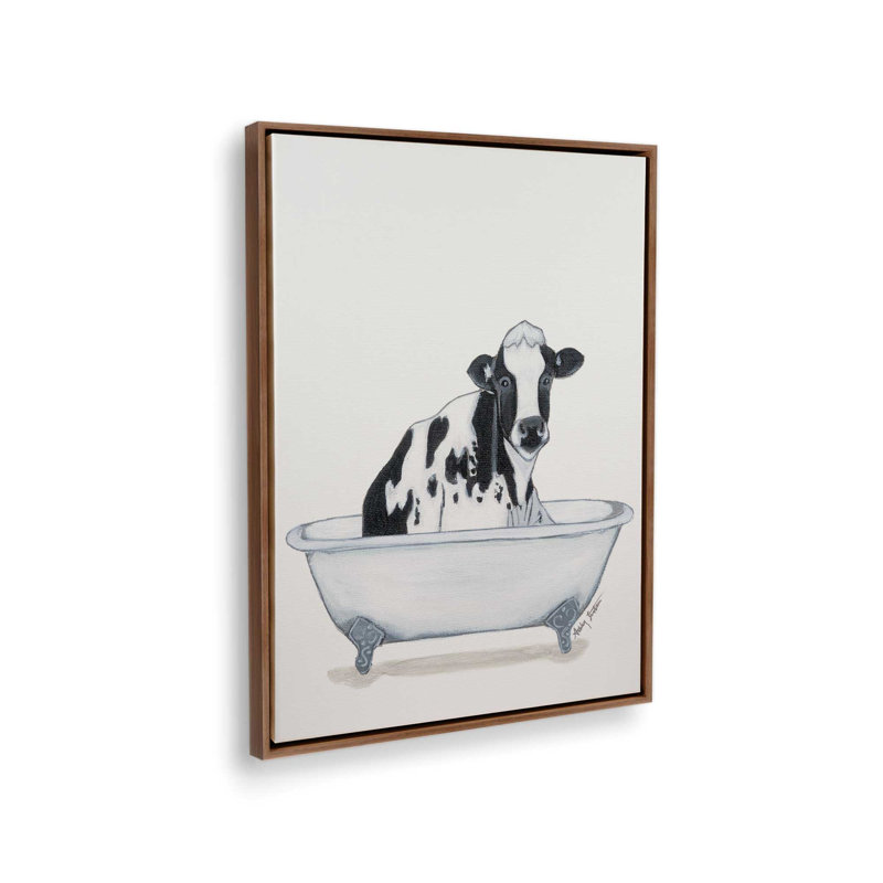 «Cow in Tub» par Ashley Justice, reproduction d'art, L 18 po x H 24 po, Brun, Toile avec cadre