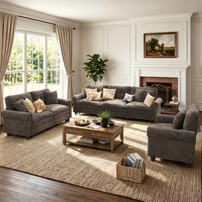 3-piece Upholstered Modular Sectional Sofa Sets With Nailhead Trim, Oversized Couch Set With Sofa, Loveseat And Armchair