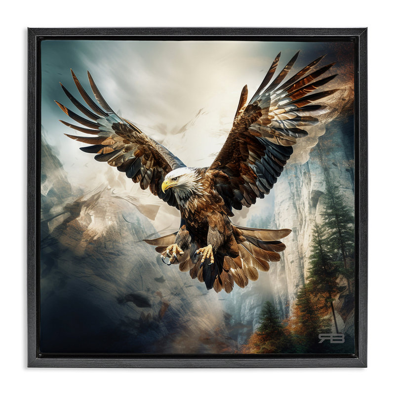 «Intense Eagle Spread Wings», art mural encadré par Roozbeh Bahramali, Cadre flottant noir de jais, H 25 po x l 25 po