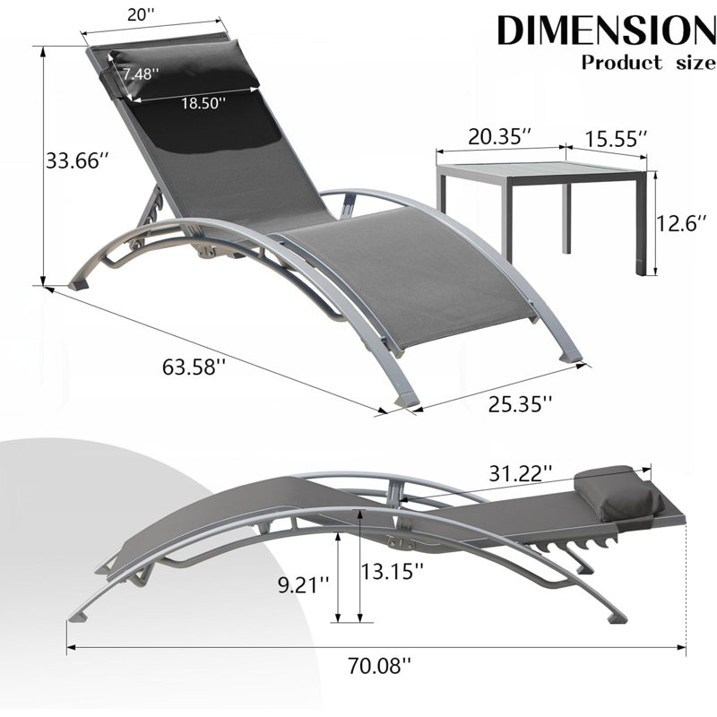 Ensemble de 3 chaises longues pour piscine, Noir