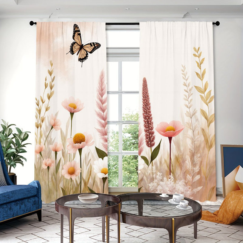 2Pcs Floral Butterfly Curtains, Nature-Inspired Design, Rod Pocket Sun Blocking, Boho Farmhouse Style, All-Season For Living Room Bedroom Study Window Decor