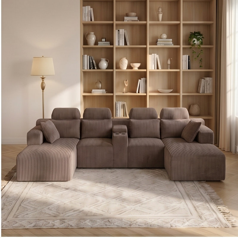 Canapé modulaire moderne en U en velours avec méridienne et porte-gobelets, Coffee Velvet
