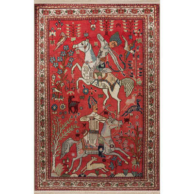 Red-Themed Ancient Era Design Archer on Horseback Patterned Fringed Vintage Decorative Rug
