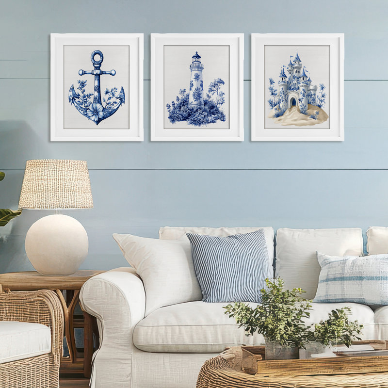 Ensemble de 3 reproductions encadrées sous-verre ornées de motifs nautiques, H 21 po x l 17 po, Cadre blanc côtier