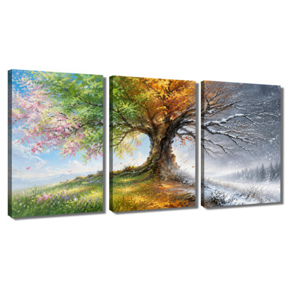 3 panneaux muraux, impression sur toile «Four Season Season Old Tree Landscape»