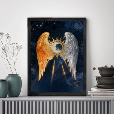 Reproduction d'art encadré noir, soleil, lune, ange, ailes, style rétro