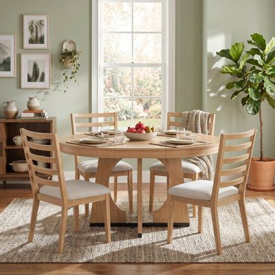 5-Piece Round Dining Table Set with 4 Upholstered Chairs, 58" Extendable Dining Table Set with 16" Removable Middle Leaf, Natural Solid Wood Frame Ret