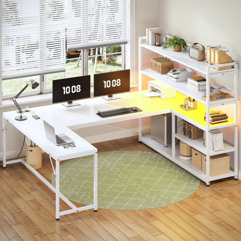 Bureau d'ordinateur 63 po réversible avec prise de courant DEL et tablettes de rangement, Blanc / blanc