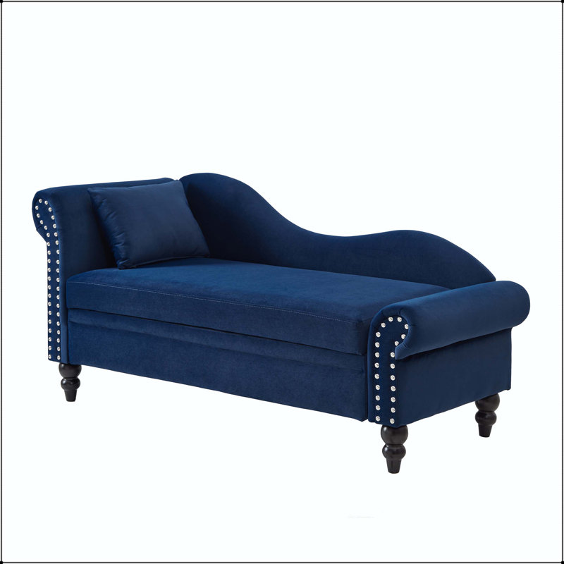Chaise longue en velours 64,5 "avec rangement caché et garniture cloutée, Navy Blue