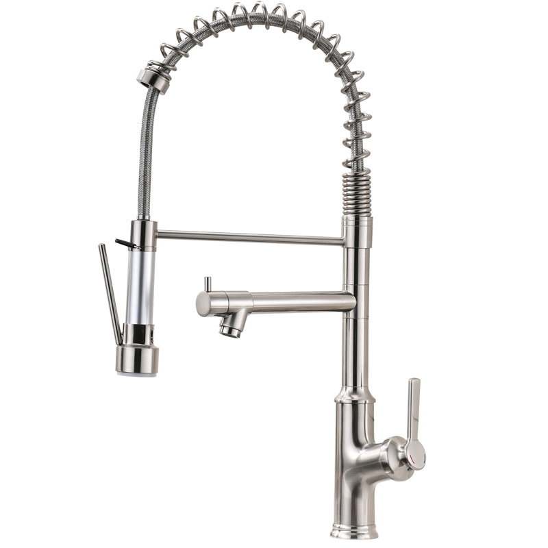 Robinet d'évier de cuisine en nickel brossé avec douchette rétractable, poids de 7,1 lb, remplisseur en céramique, option chaude et froide, moderne contemporain en nickel, largeur rétractable de 13 po, eau, poignée simple