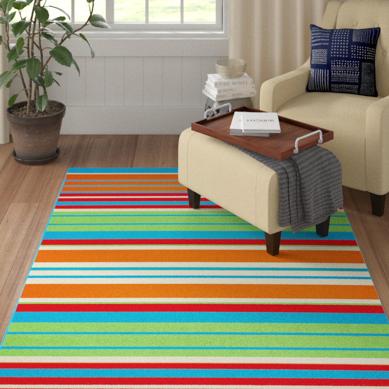 Tapis d'intérieur / extérieur rayé turquoise / orange Anmoore, Rectangle 5 pi x 7 pi 3 po