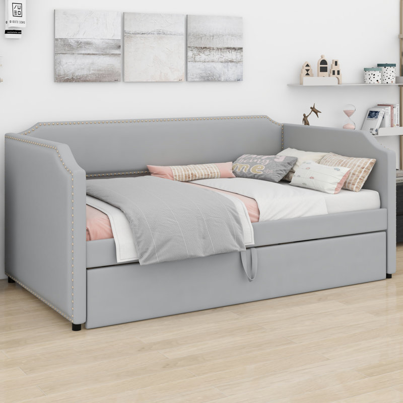 Velvet Upholstered Daybed With Pop Up Trundle, Grey