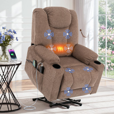 Fauteuil inclinable électrique à levage avec fonction massage et chauffage, fauteuil inclinable électrique surdimensionné et rembourré avec ports de chargement USB et de type C, 2 porte-gobelets et poches latérales