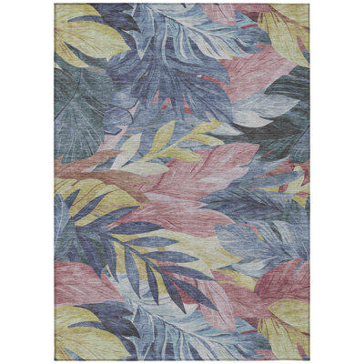 5' X 8' Denim Blue And Blush Floral Washable Indoor Outdoor Area Rug