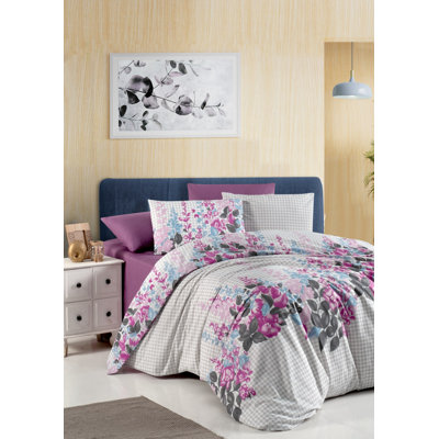Ranforce Super King Quilt Cover Set, 100% Cotton, 102.4 x 86.6 Inches | 144 Thread Count, Machine Washable | Includes 2 Pillowcases (23.6 x 23.6 Inches) | Elegant Purple, White, Blue & Grey Design, Cozy & Stylish Bedding