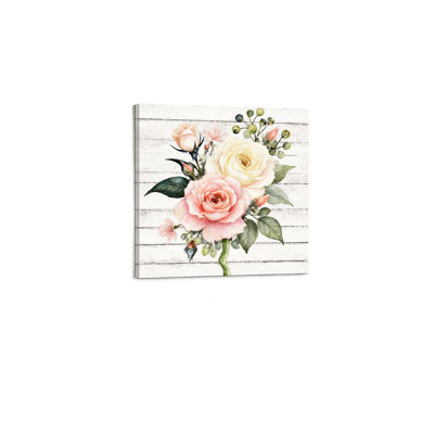 Bouquet de roses pastel, art mural encastré en bois, L 16 x l 16
