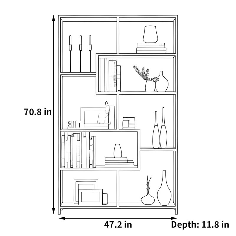 Bibliothèque créative et tendance, Noir / brun, (7 tablettes) H 70,8 po x l 47,2 po x P 11,8 po