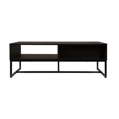 Meuble télé moderne, console multimédia noire avec tiroir en bois naturel et casier de rangement ouvert, centre de divertissement pour le salon