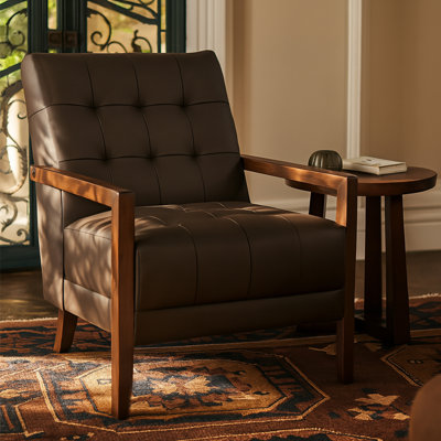 Mid-Century Modern Genuine Leather Accent Chair With Walnut Wood Arms