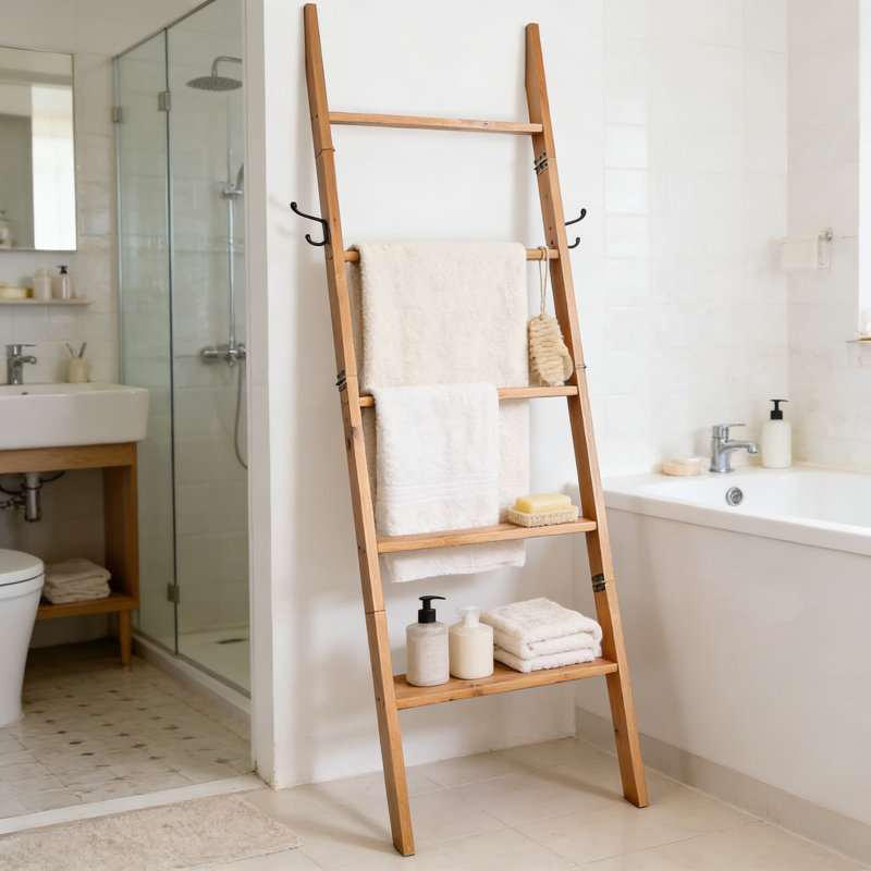 Échelle à couvertures en bois massif - Serviette décorative rustique et support à courtepointe pour le rangement du salon, de la chambre à coucher et de la salle de bain