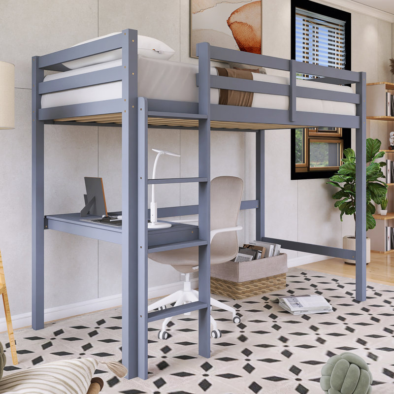 Lit mezzanine simple à structure en bois avec barrière de sécurité et bureau intégré, Gris