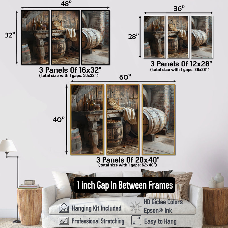 «Brown Rustic Barrels Charm I», ensemble de reproductions d'art mural rustique, H 28 po x l 36 po x P 1 po